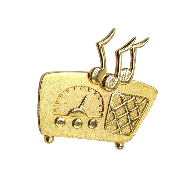 Casual Corner Radio Music Brooch Pin Gold Tone Vintage - Picture 2 of 4